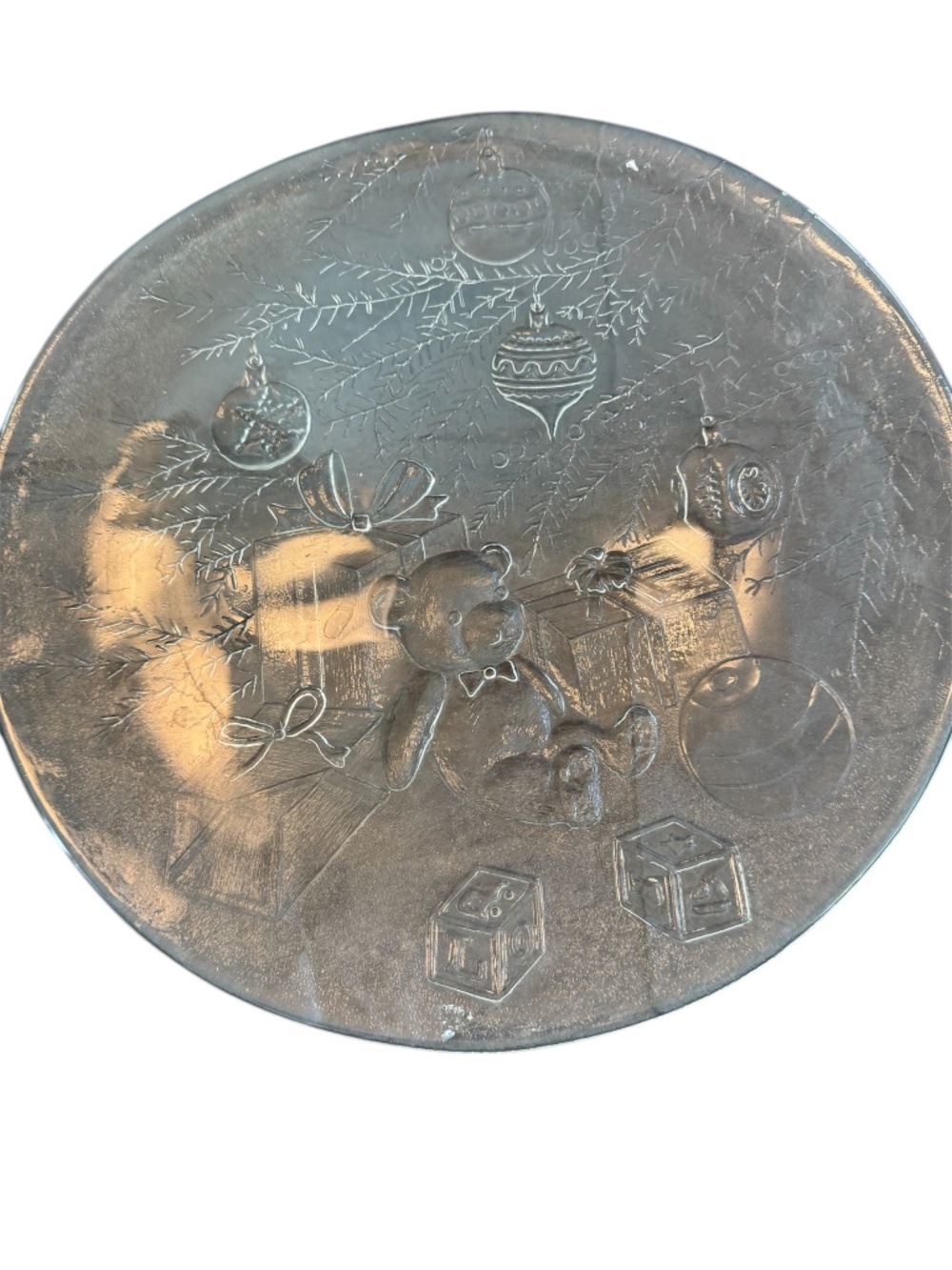 Vintage Libby Holiday Christmas Round Serving  Glass Platter with Teddy Bear